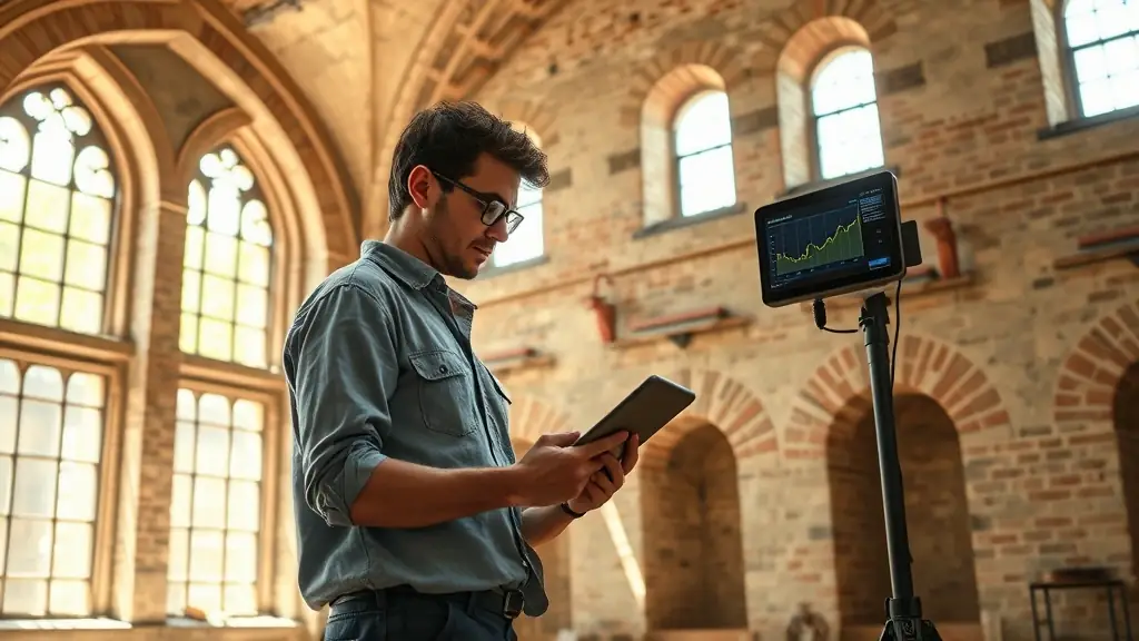 Técnico de conservación inspeccionando datos dentro de un edificio histórico.