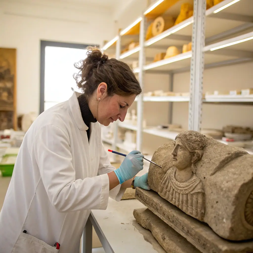 Especialista en conservación restaurando una pieza escultórica de piedra con un pincel en un taller.