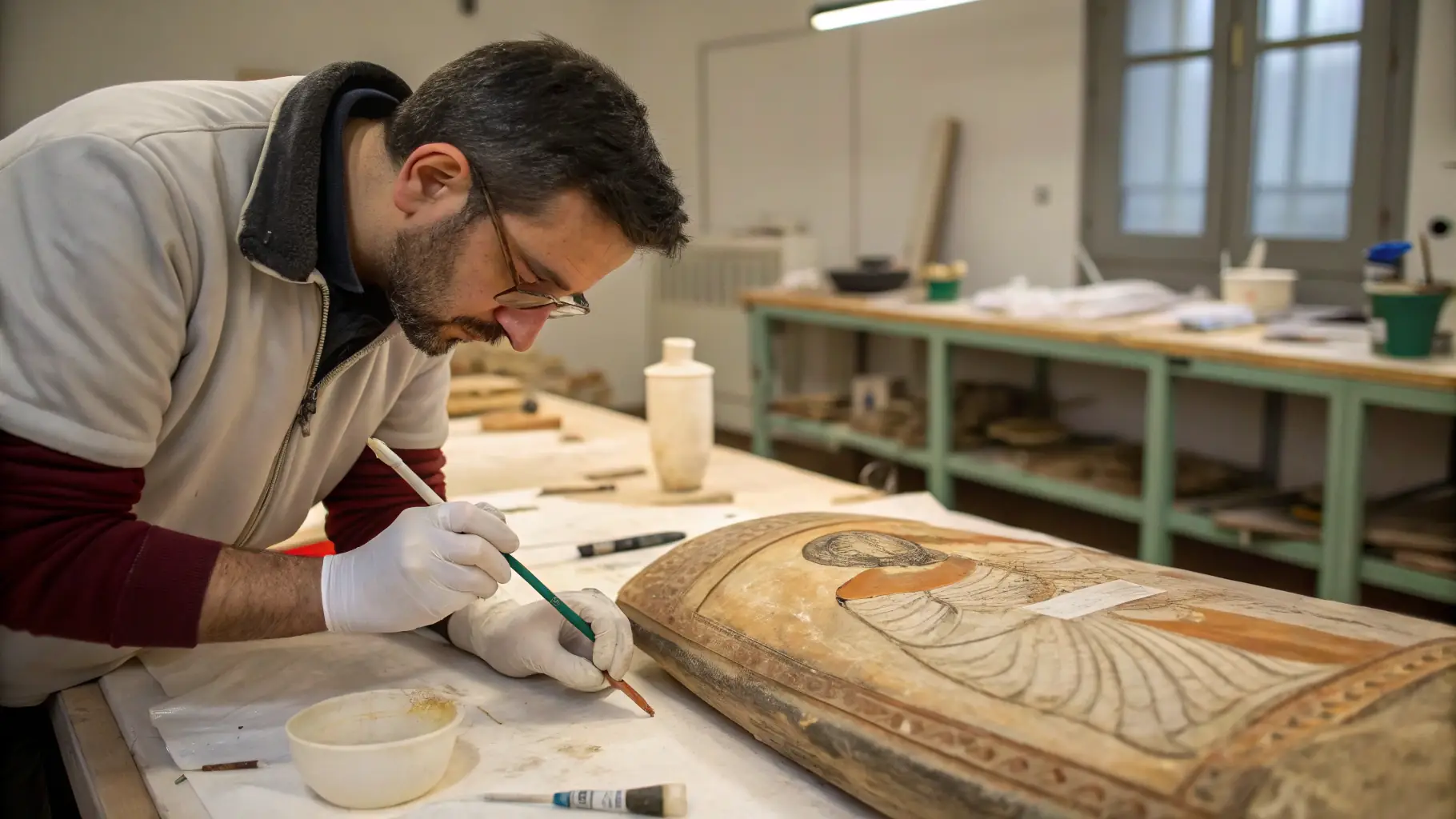 Conservador restaurando una pieza de artesa histórica con pincel en un taller.