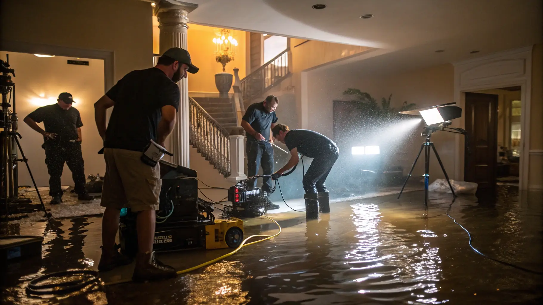 Equipo técnico trabajando en interior inundado, con luces y cámaras.